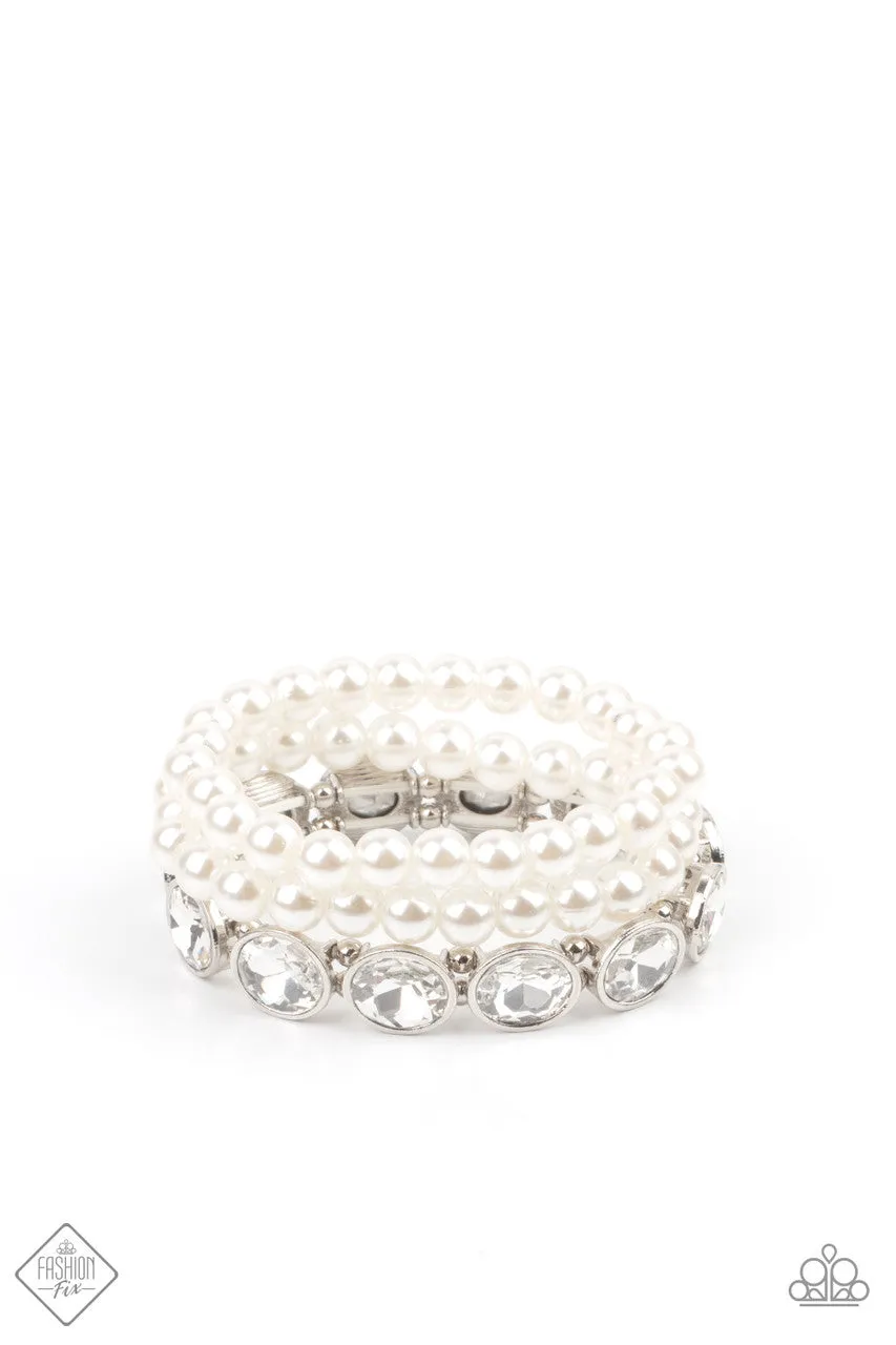 Flawlessly Flattering - White - Gem and Pearl Paparazzi Stretchy Bracelet - January 2021 Fiercely 5th Avenue