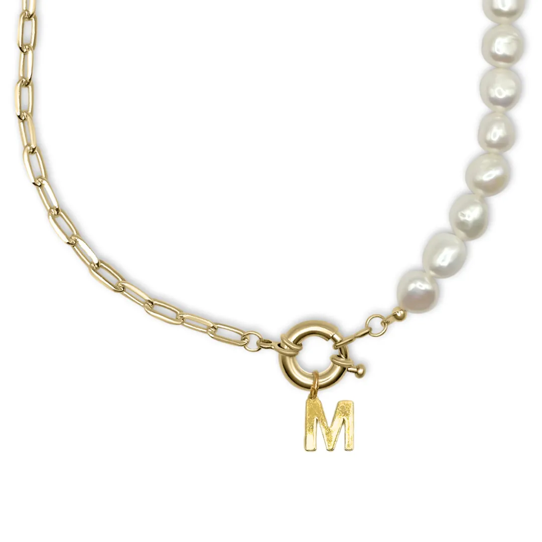 Freshwater Pearl Necklace with Paperclip Chain & Custom Initial Clasp