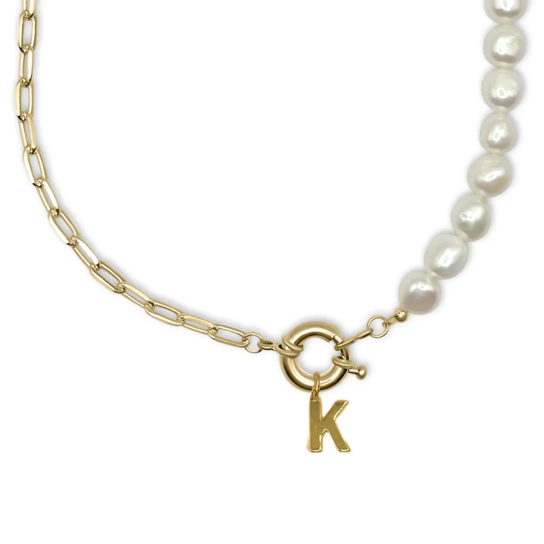 Freshwater Pearl Necklace with Paperclip Chain & Custom Initial Clasp