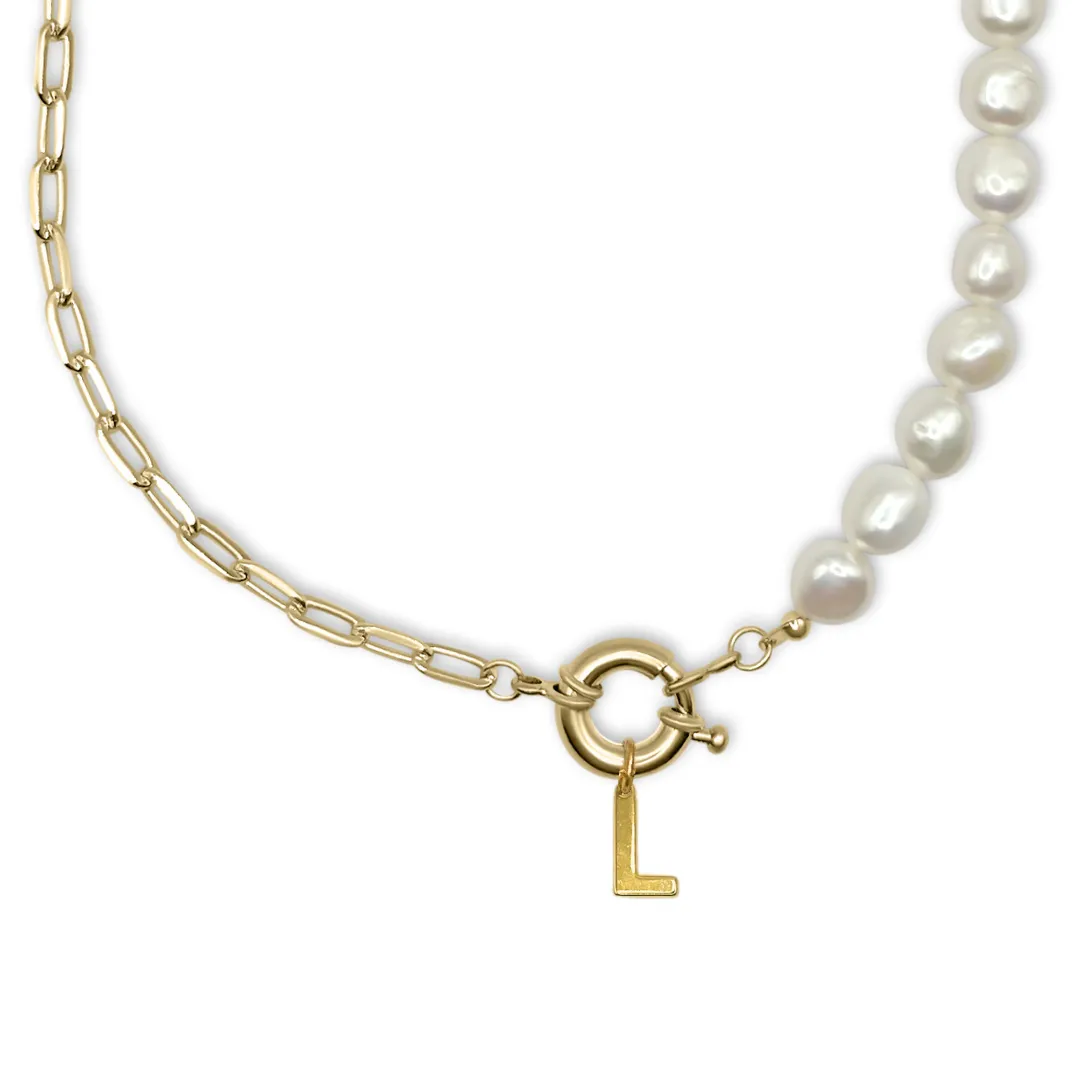 Freshwater Pearl Necklace with Paperclip Chain & Custom Initial Clasp