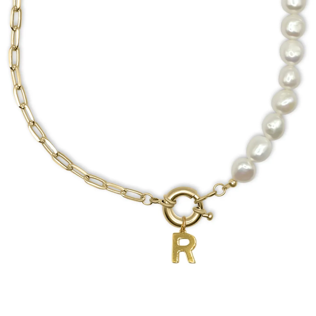Freshwater Pearl Necklace with Paperclip Chain & Custom Initial Clasp