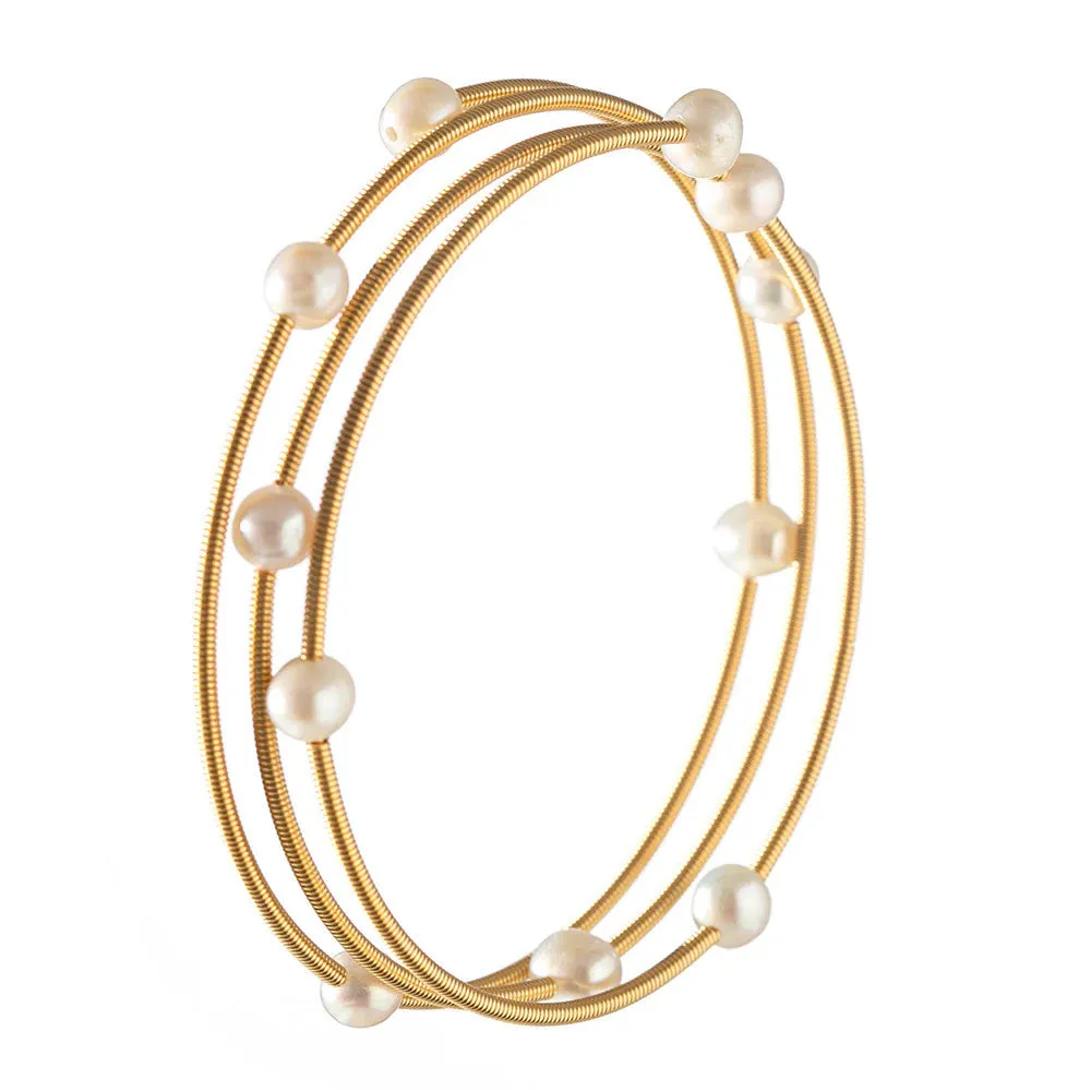 Freshwater Pearl Stainless Steel Gold Loop Multi Pearl Cuff Bracelet