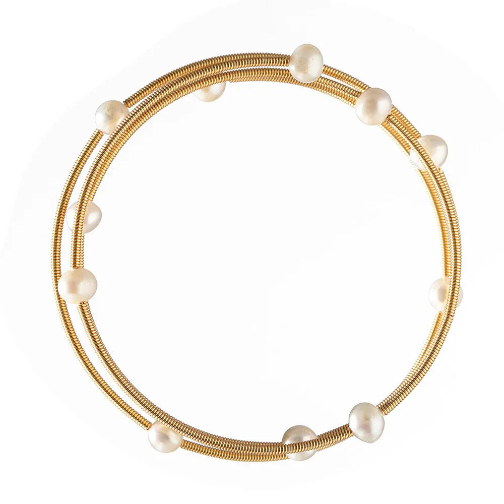 Freshwater Pearl Stainless Steel Gold Loop Multi Pearl Cuff Bracelet