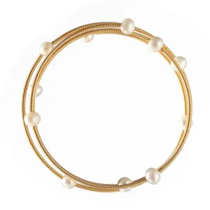 Freshwater Pearl Stainless Steel Gold Loop Multi Pearl Cuff Bracelet