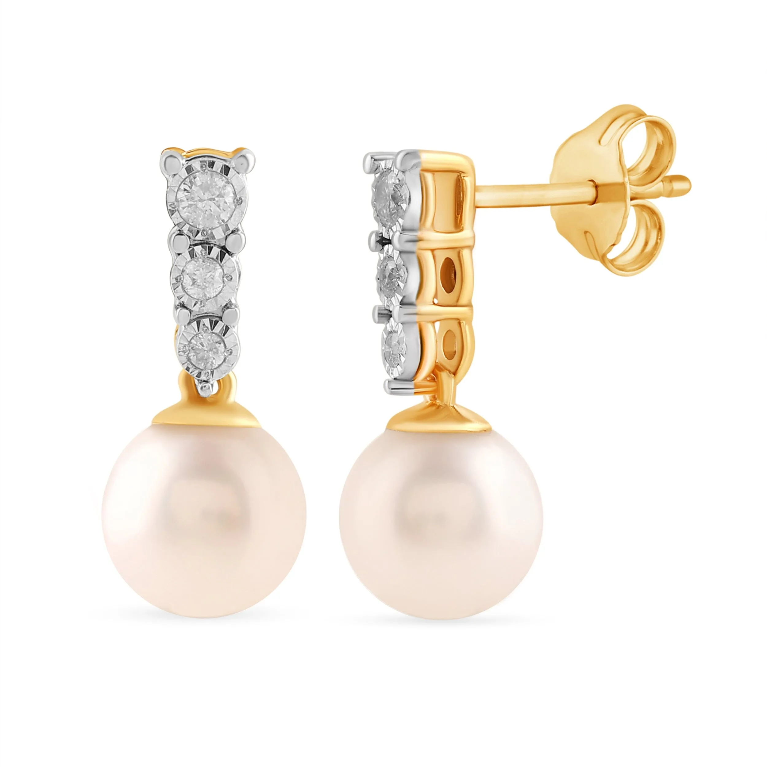 Freshwater Pearl Stud Earrings with 0.10ct of Diamonds in 9ct Yellow Gold