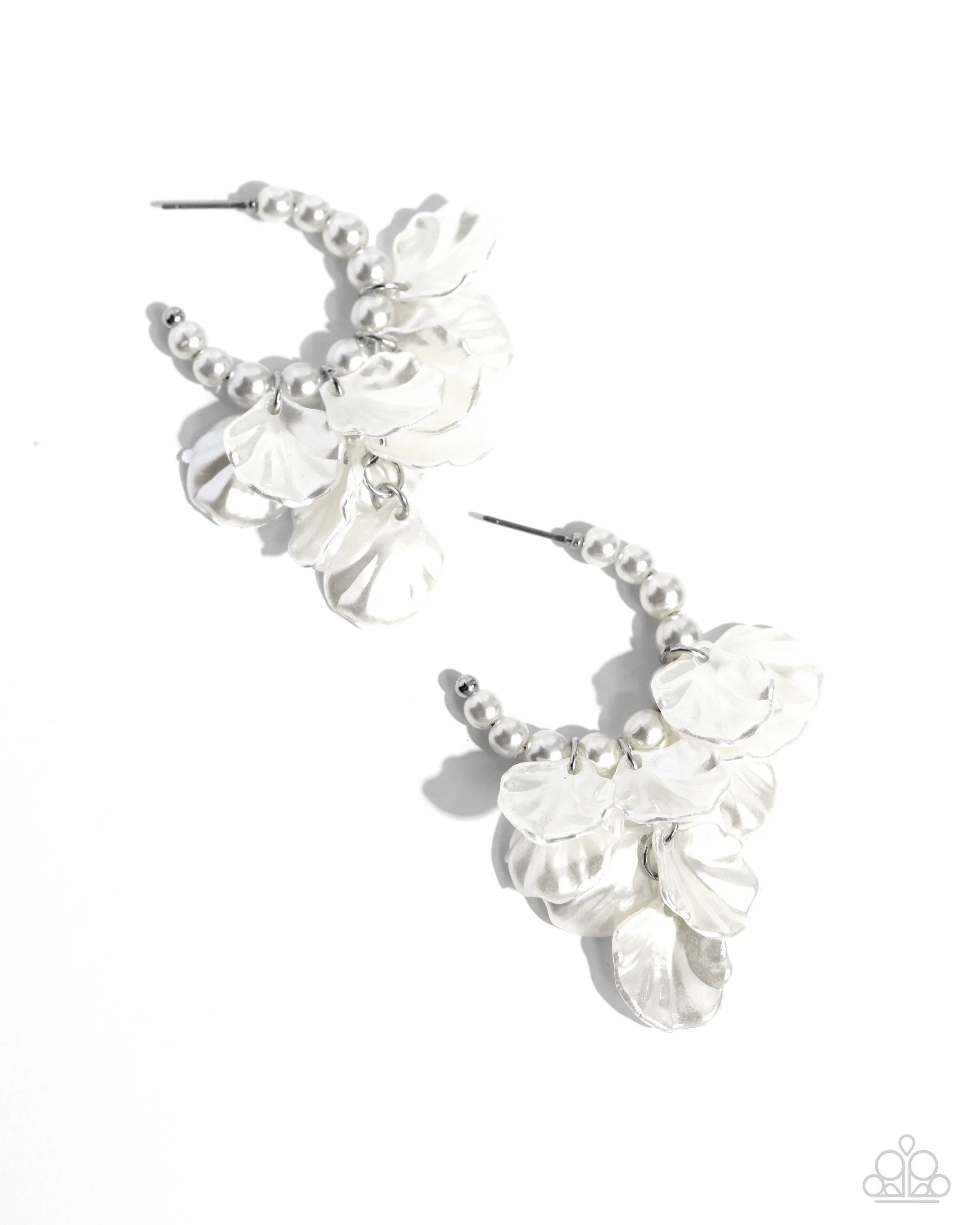 Frilly Feature - White - Pearl Flower Petal Paparazzi Hoop Earrings