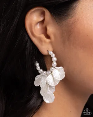 Frilly Feature - White - Pearl Flower Petal Paparazzi Hoop Earrings