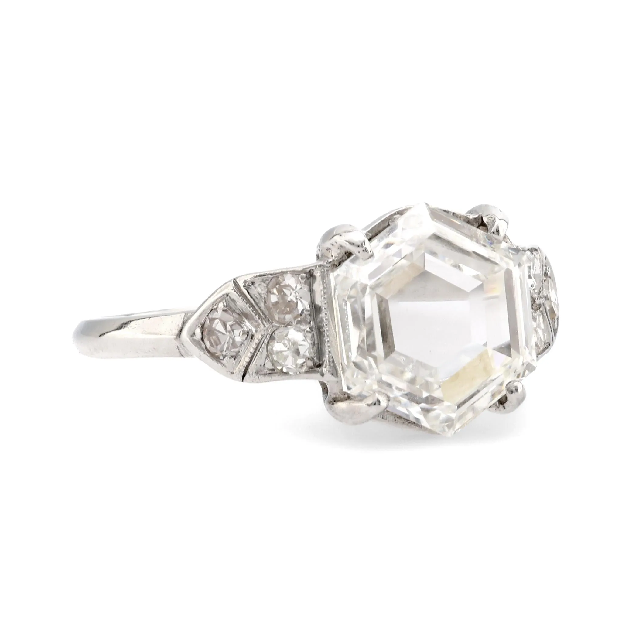 GIA Art Deco 2.17 carat hexagonal cut diamond platinum engagement ring