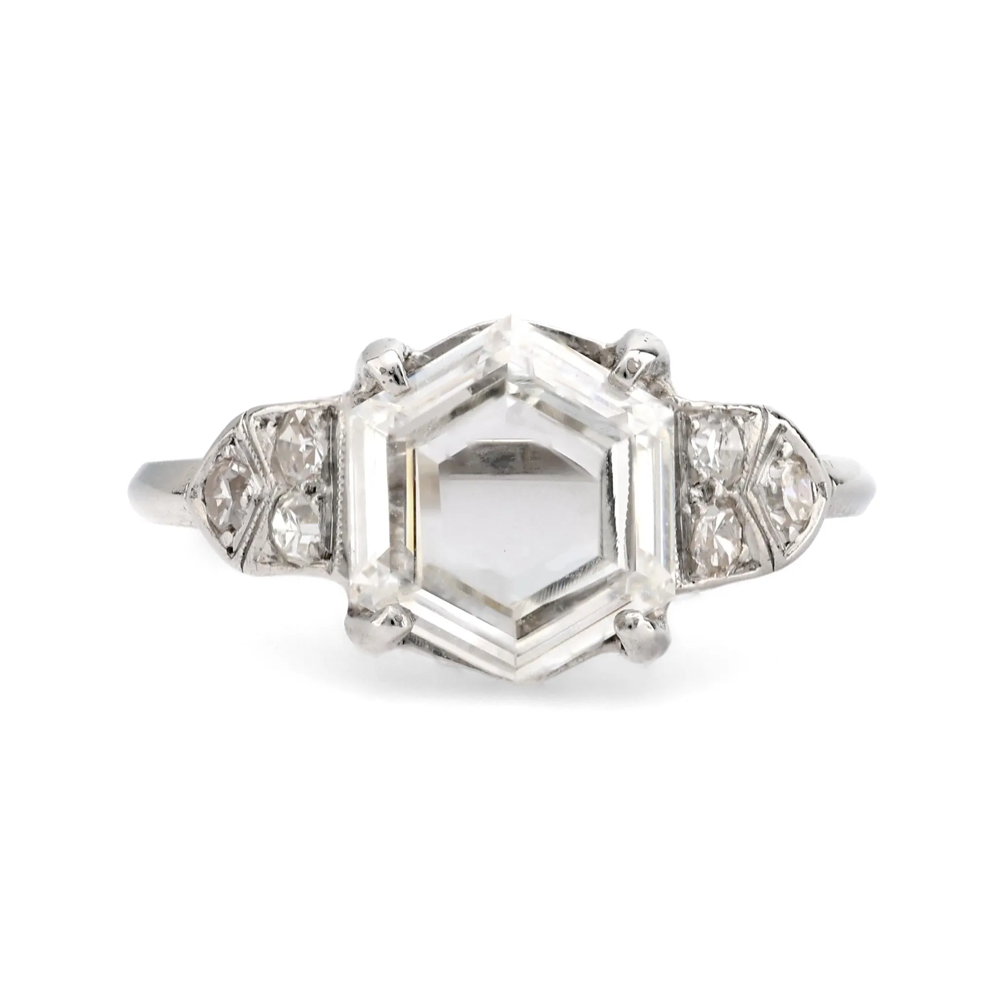 GIA Art Deco 2.17 carat hexagonal cut diamond platinum engagement ring