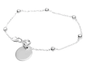 Glamorous Sterling Silver Beaded Baby Bracelet with Dangling Engravable Disc. Available in 2 Lengths.