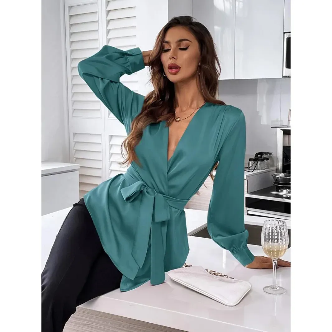 Goddess Wrap V-Neck Long Sleeve Belted Satin Blouse