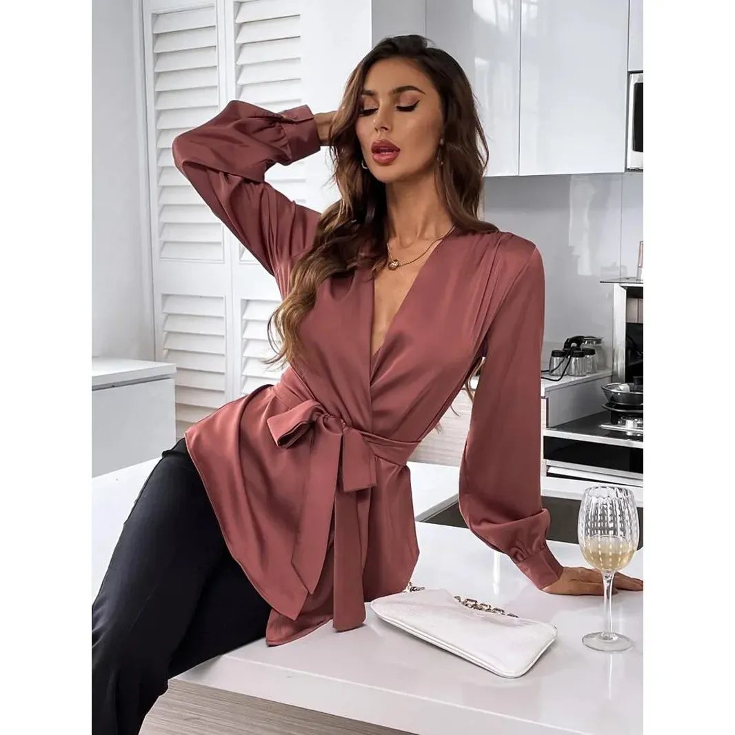 Goddess Wrap V-Neck Long Sleeve Belted Satin Blouse