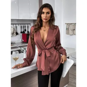 Goddess Wrap V-Neck Long Sleeve Belted Satin Blouse