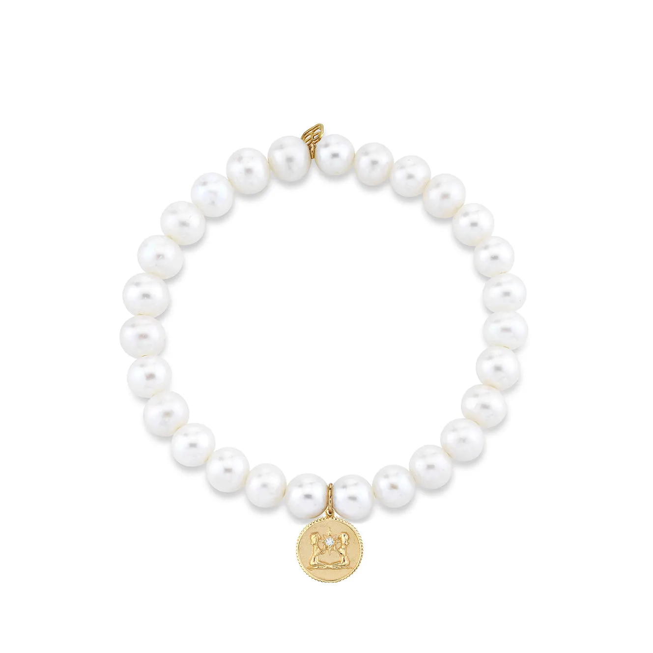 Gold & Diamond Gemini Zodiac Medallion on Pearls