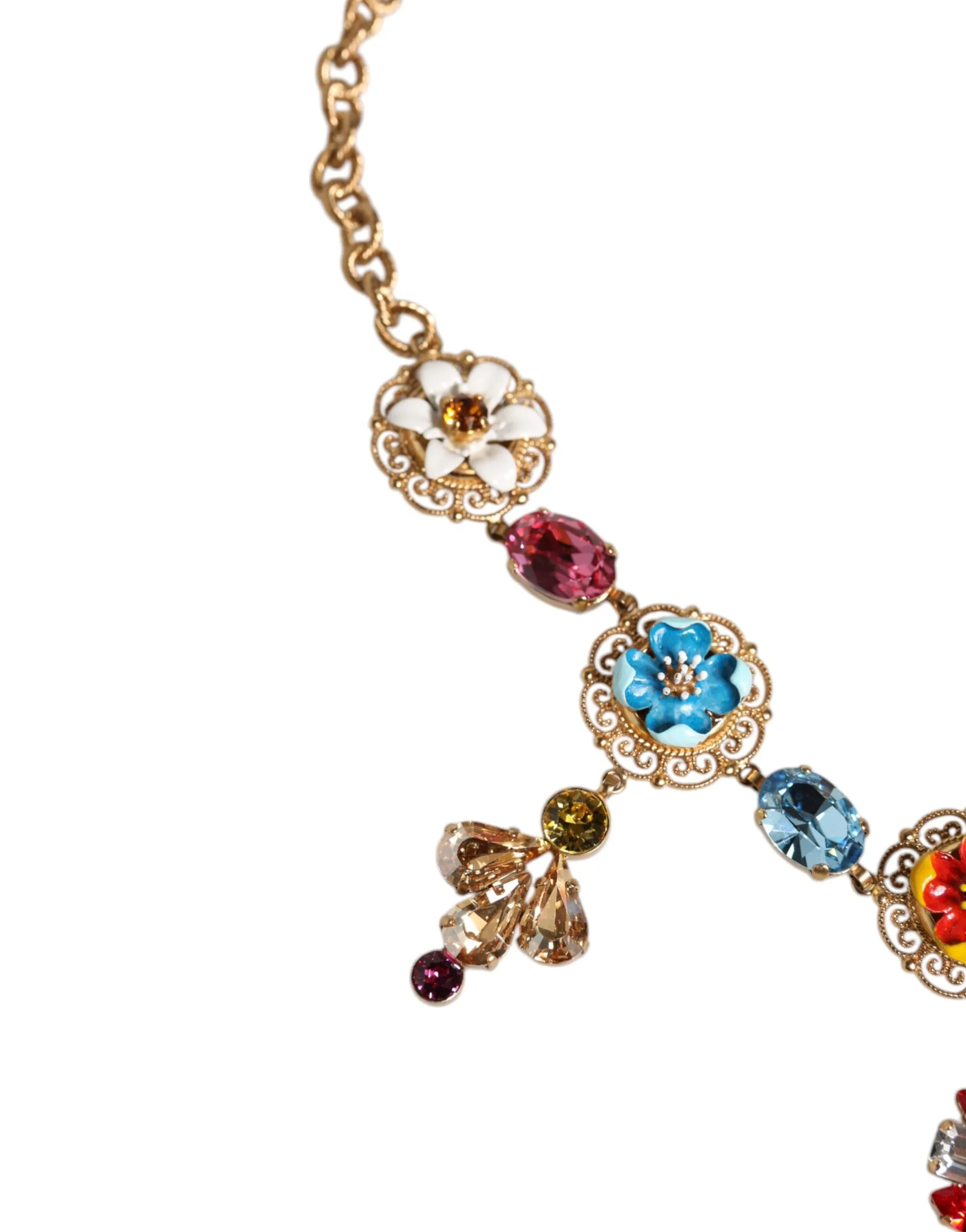 Gold Brass Chain Floral Sicily Charms Statement Necklace