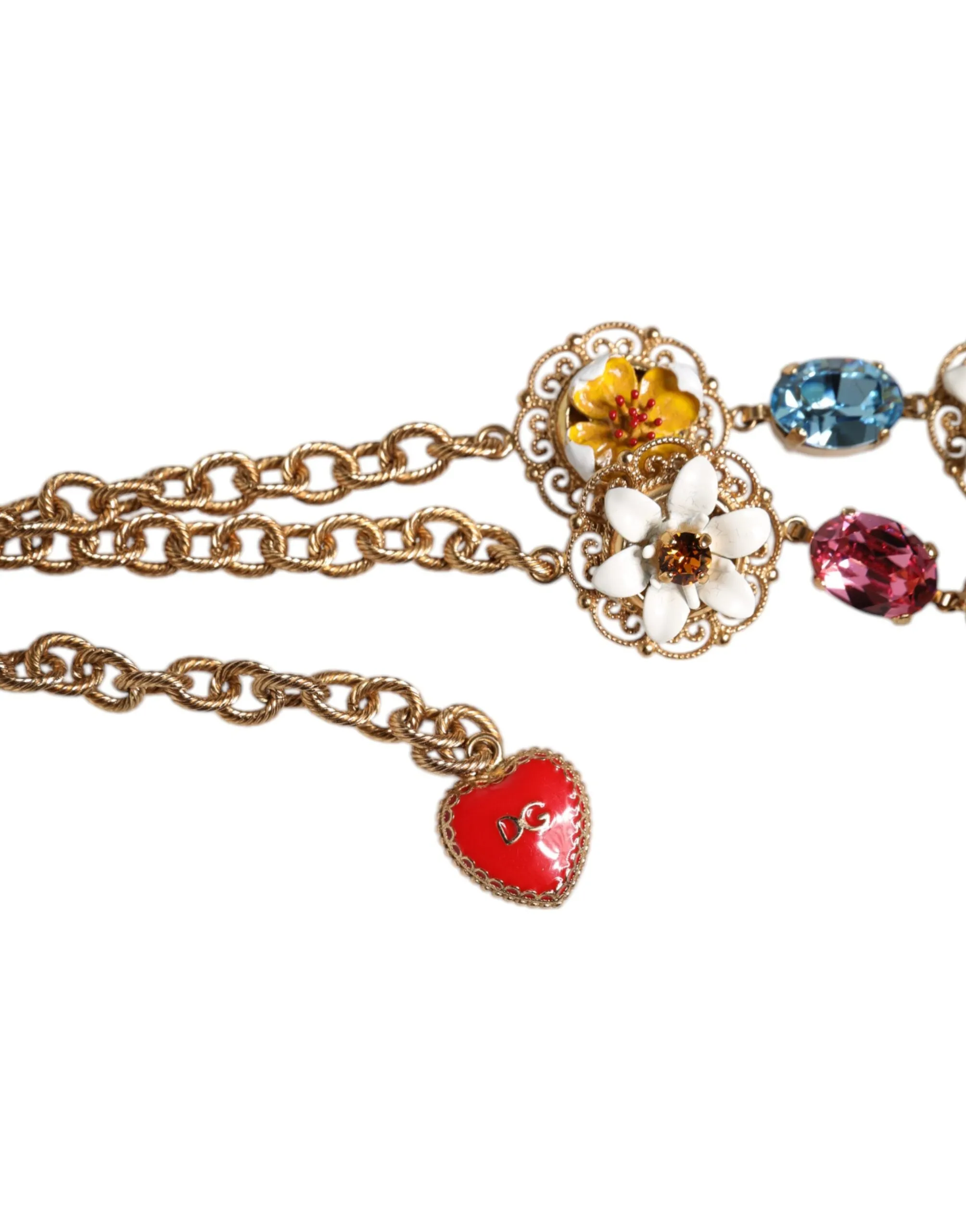 Gold Brass Chain Floral Sicily Charms Statement Necklace