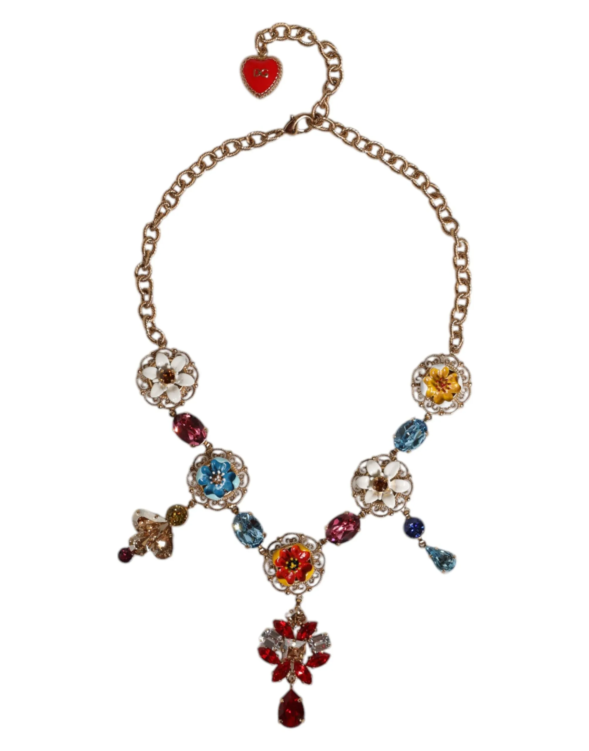 Gold Brass Chain Floral Sicily Charms Statement Necklace