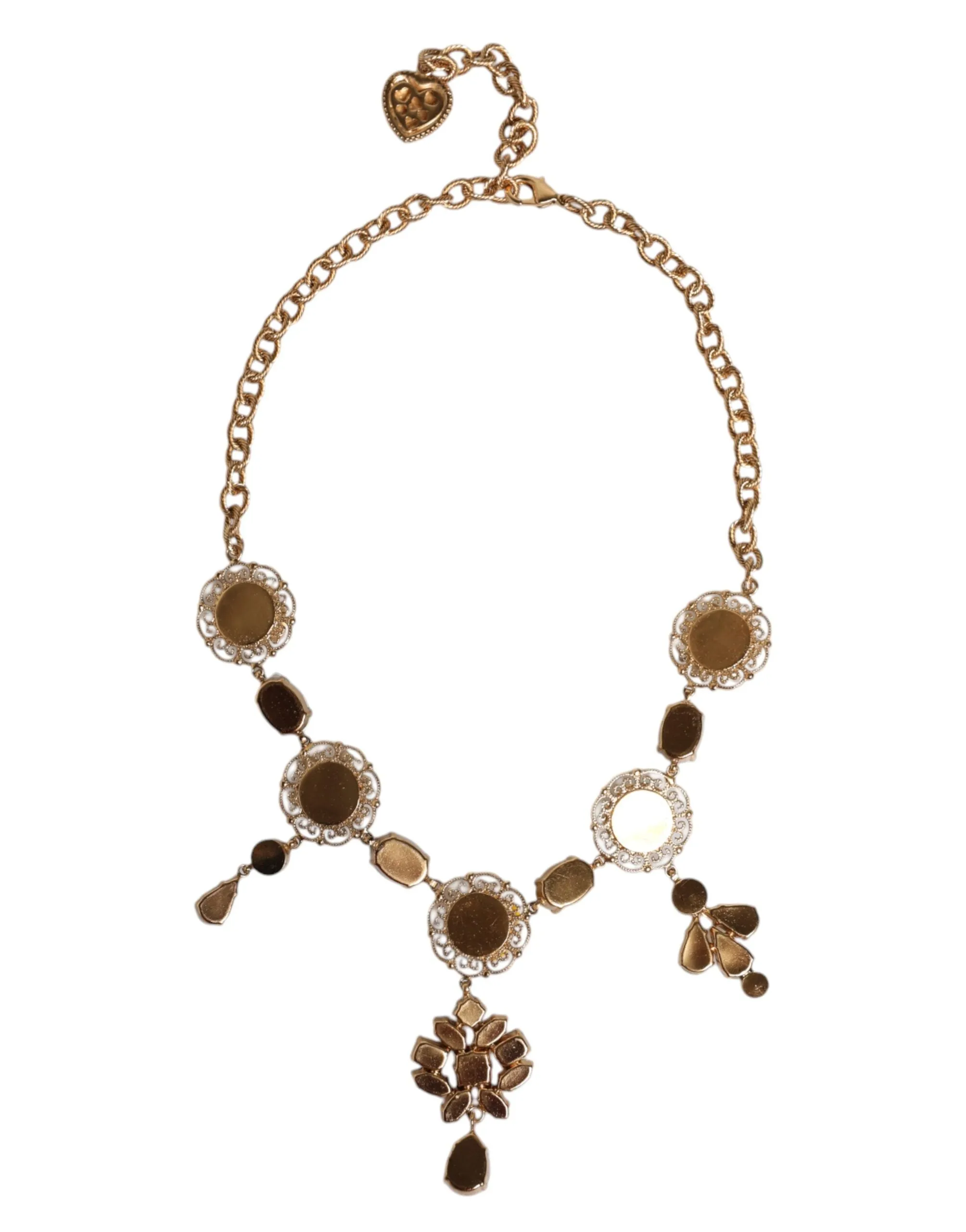 Gold Brass Chain Floral Sicily Charms Statement Necklace