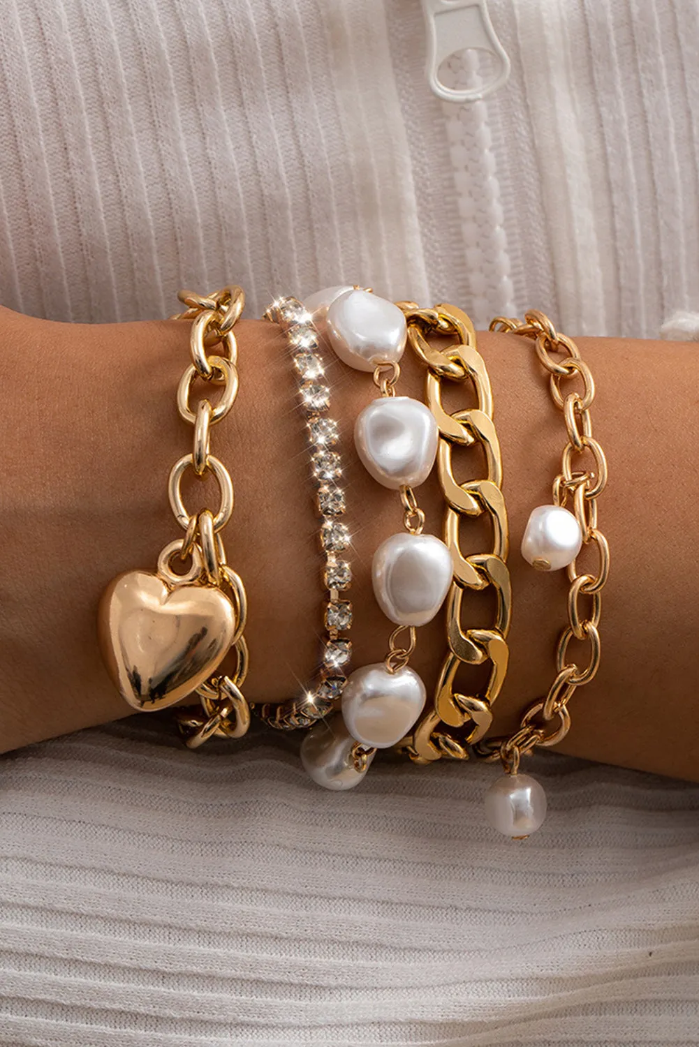 Gold Heart Pendant Pearl Rhinestone Chain Bracelet Set