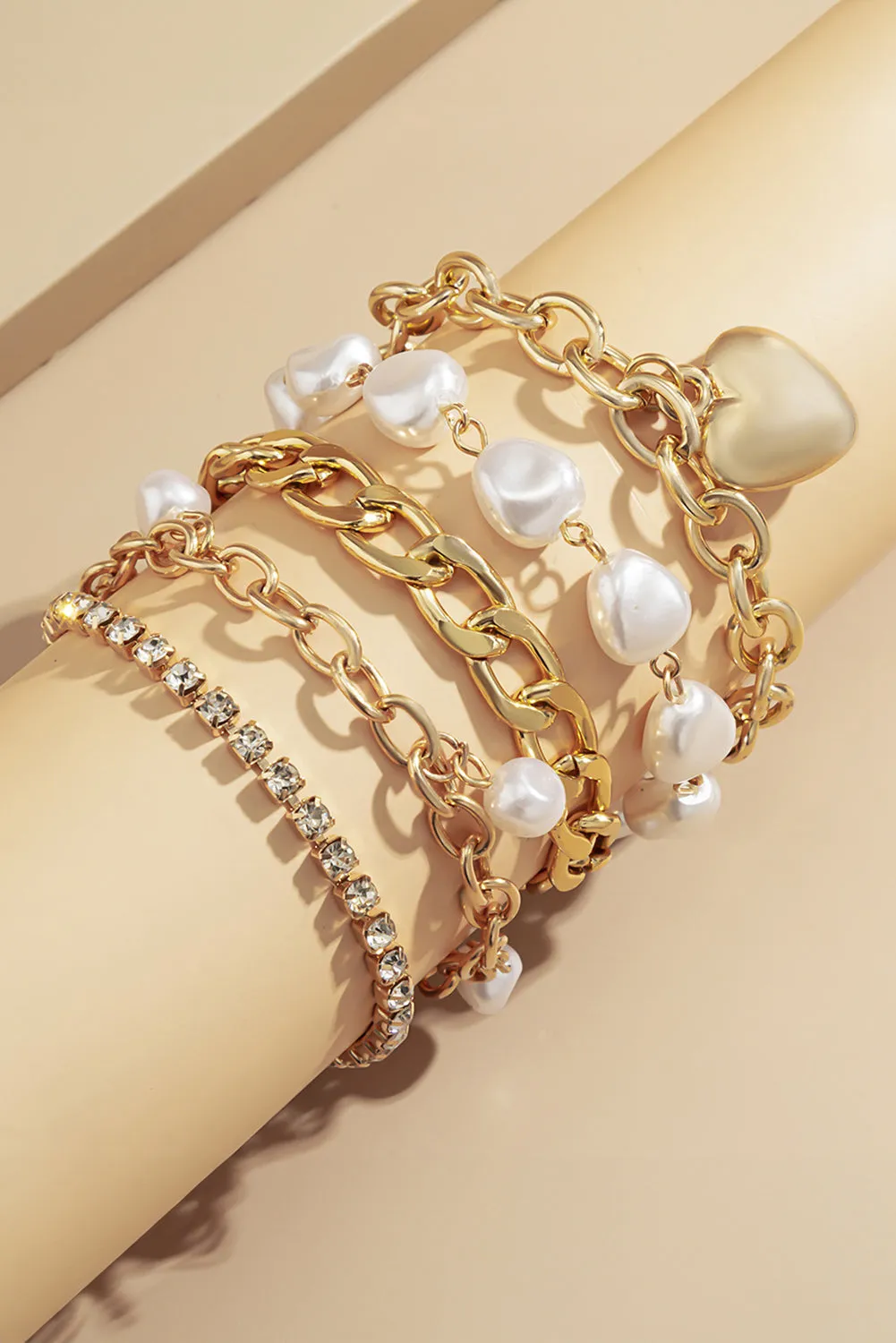 Gold Heart Pendant Pearl Rhinestone Chain Bracelet Set