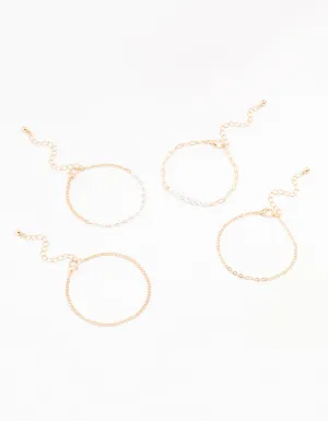 Gold Pearl Paperclip Chain Bracelet 4-Pack