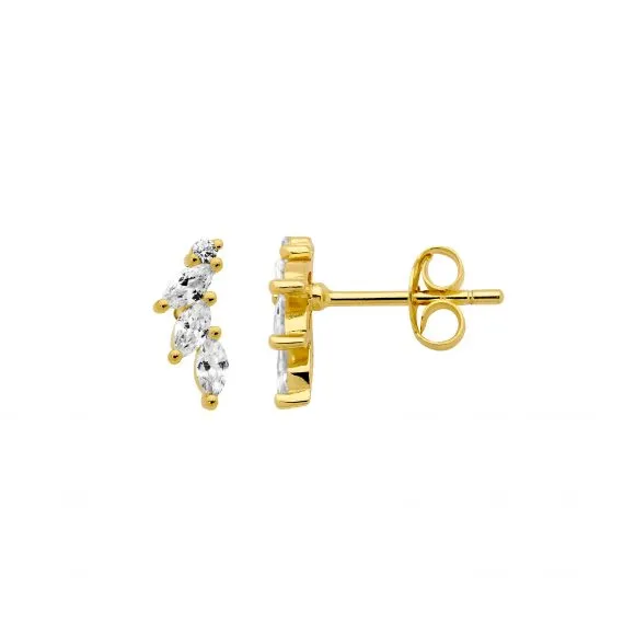 Gold Plated Sterling Silver Stud Earrings with Cluster Marquise Cubic Zirconias E555G
