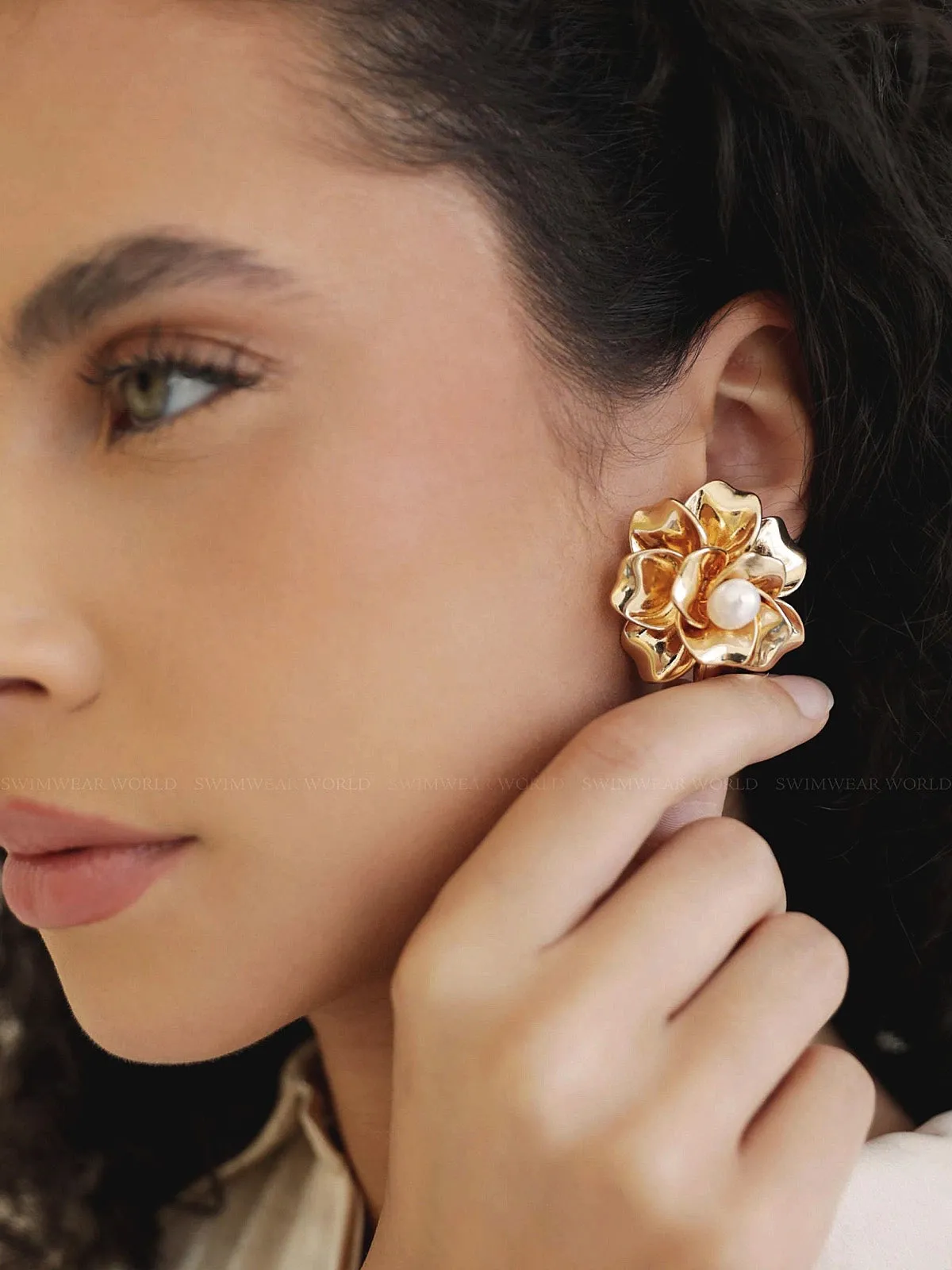 Golden Petals and Pearl 18k Gold Plated Stud Earrings