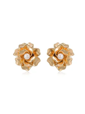 Golden Petals and Pearl 18k Gold Plated Stud Earrings