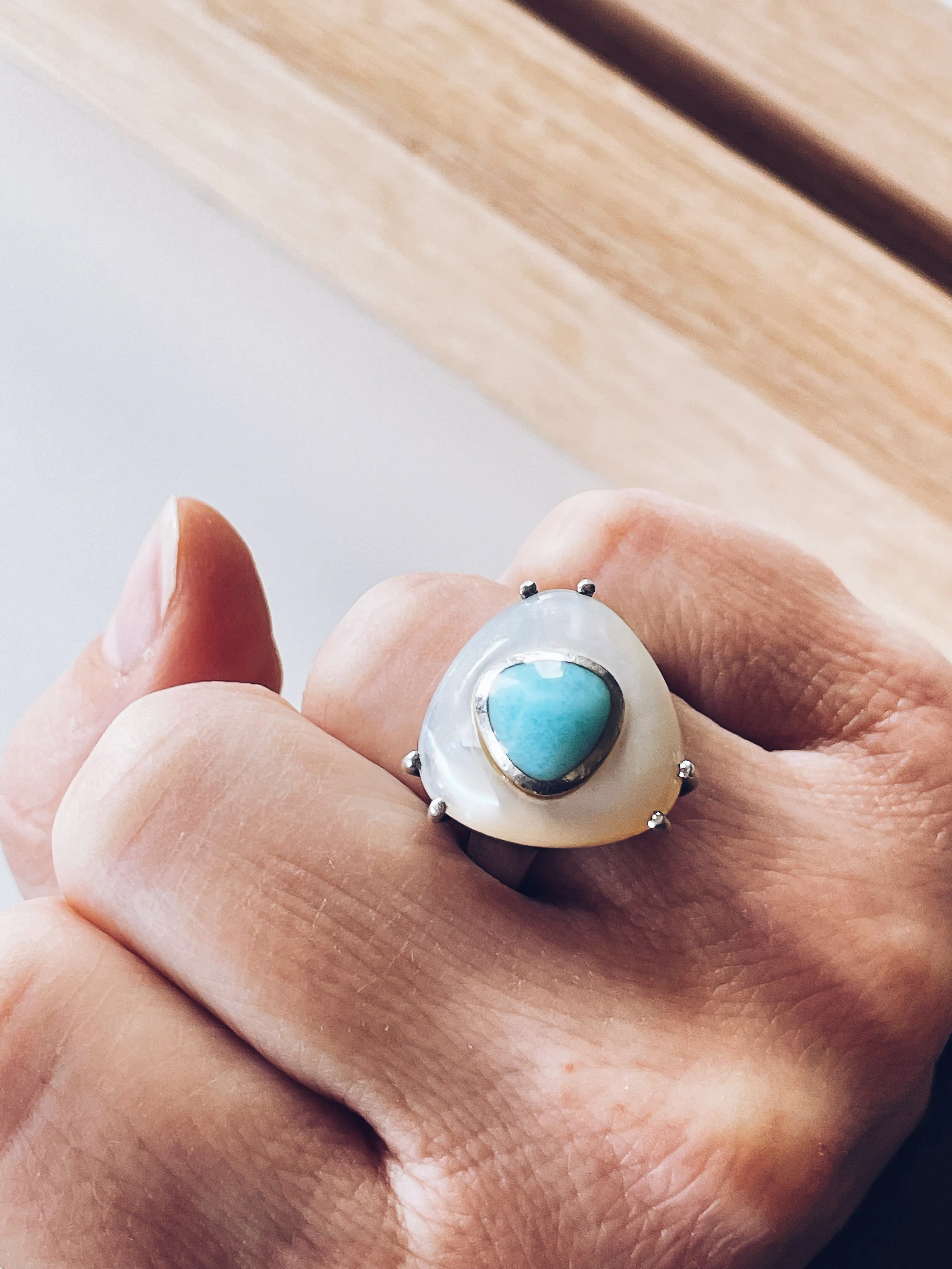 Gorgeous Mother of Pearl and Larimar Ring in Silver