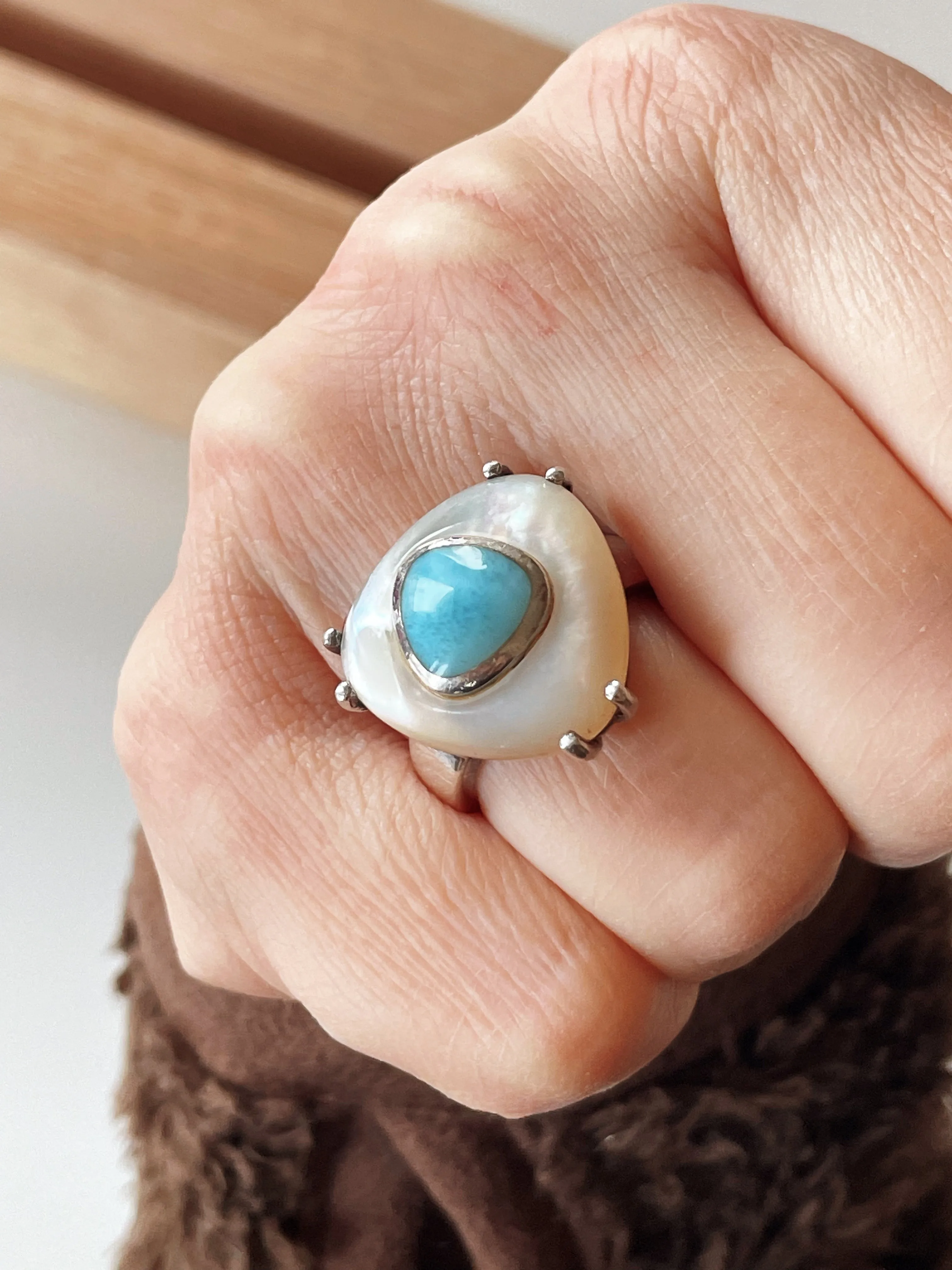 Gorgeous Mother of Pearl and Larimar Ring in Silver