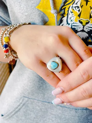 Gorgeous Mother of Pearl and Larimar Ring in Silver