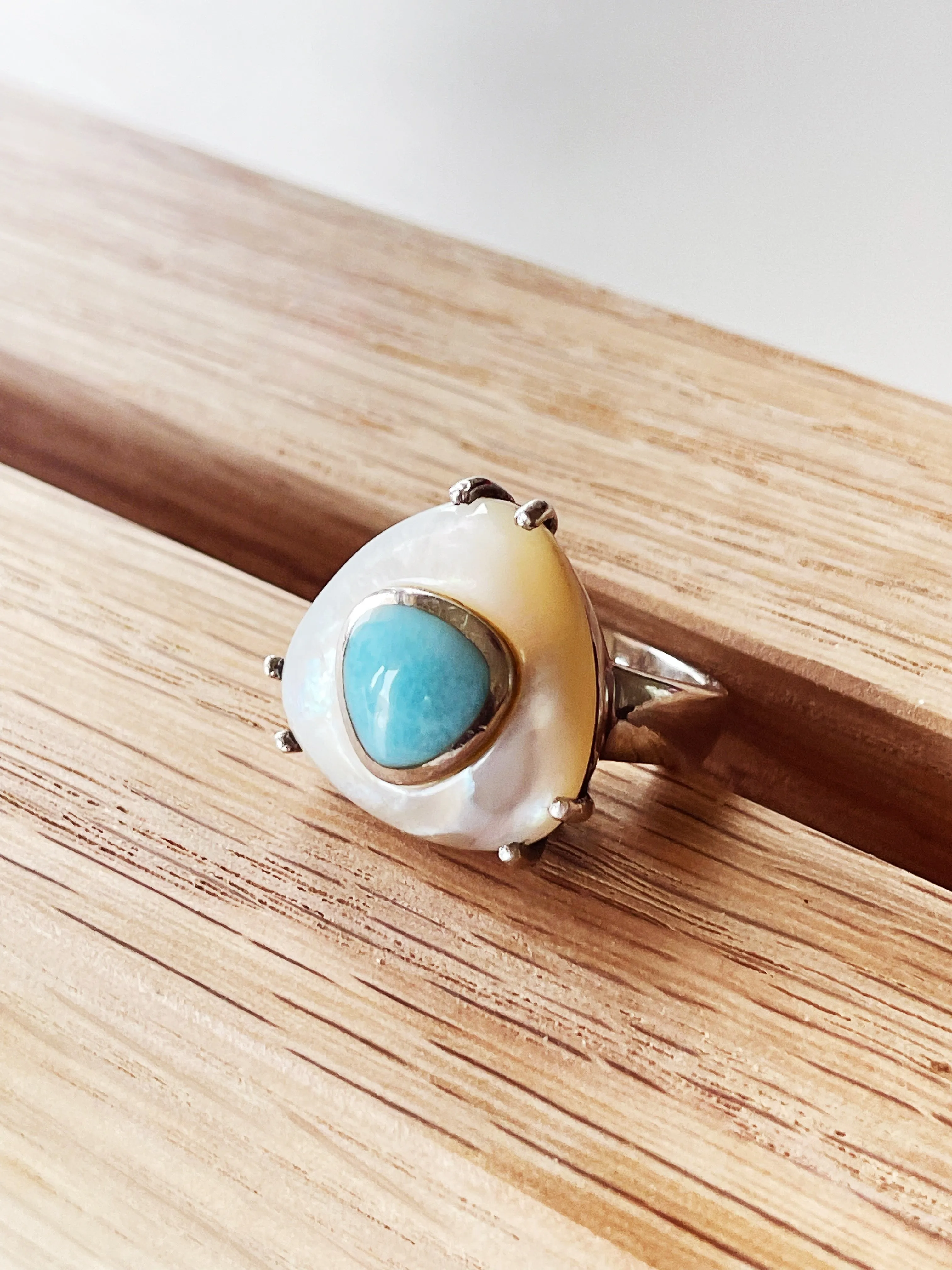 Gorgeous Mother of Pearl and Larimar Ring in Silver