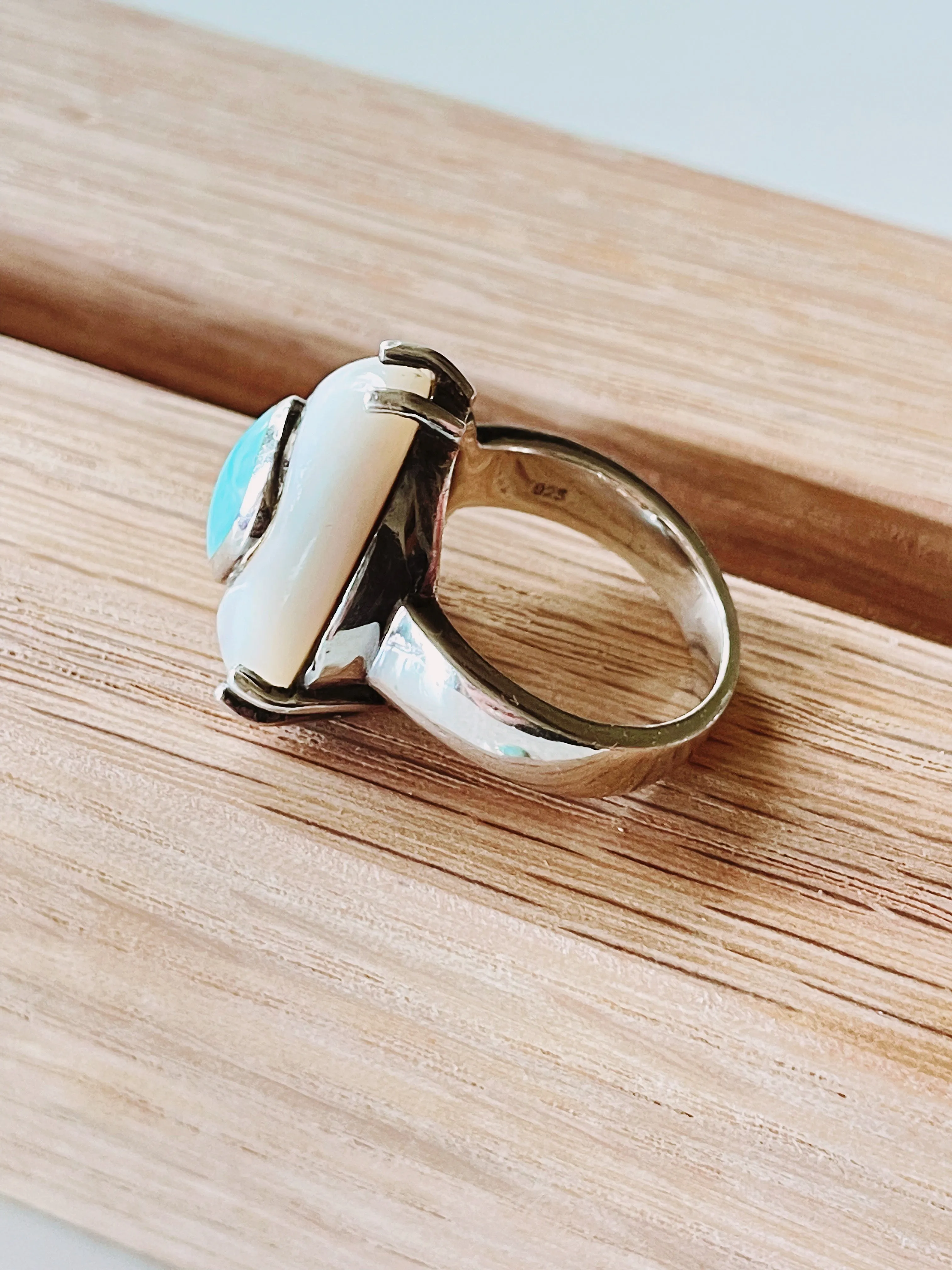 Gorgeous Mother of Pearl and Larimar Ring in Silver