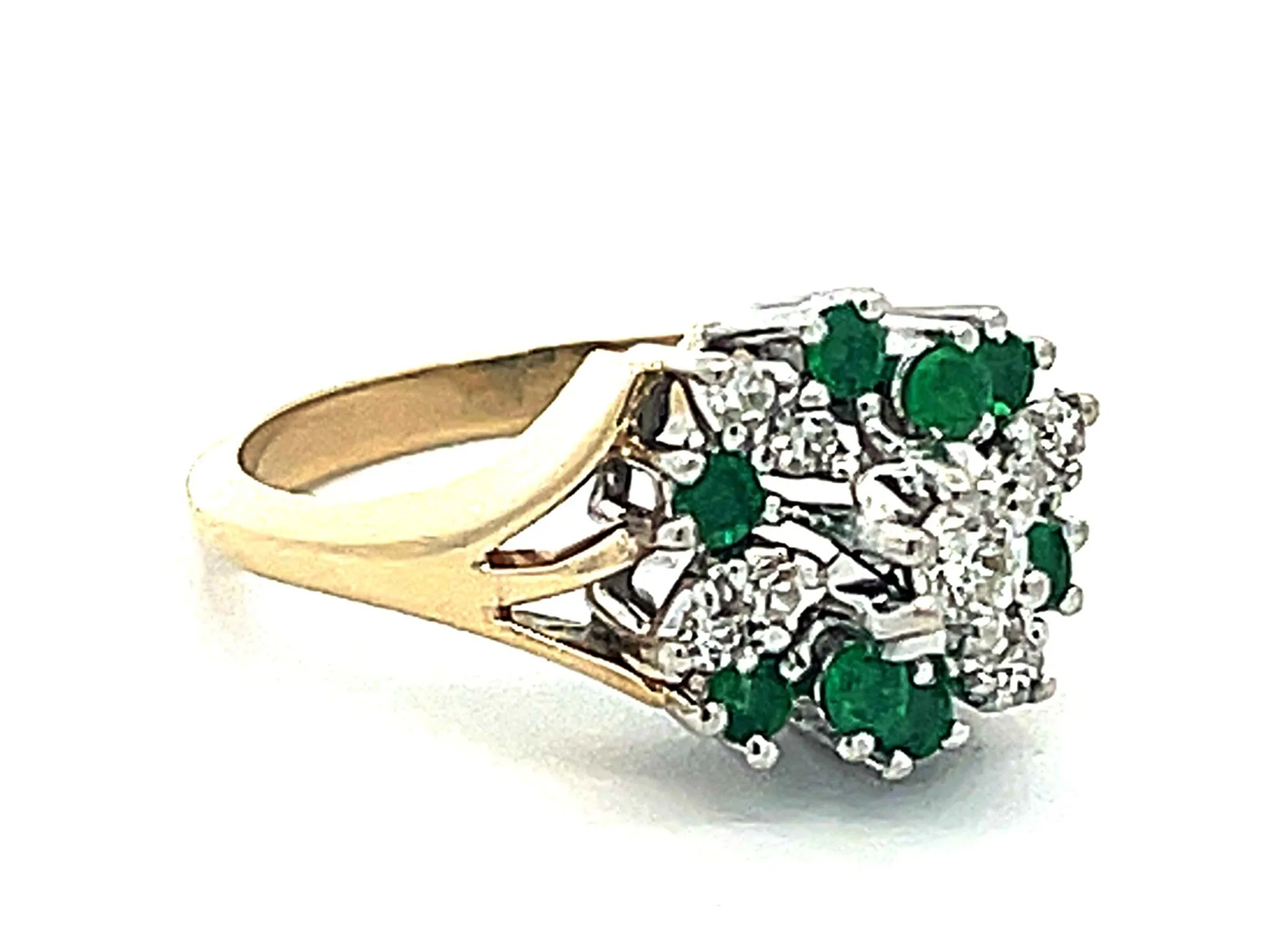 Green Emerald and Diamond Cluster Ring in 14k Gold