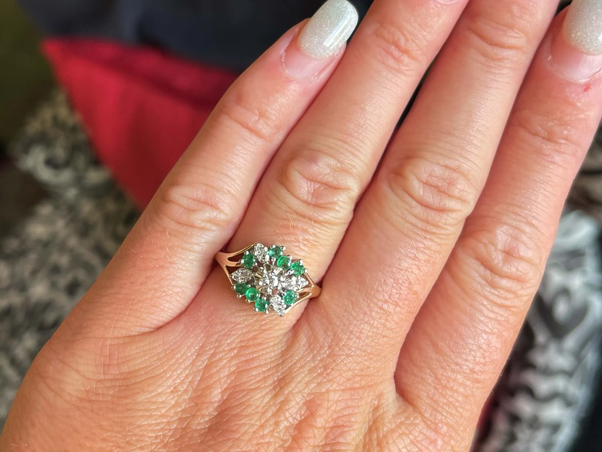 Green Emerald and Diamond Cluster Ring in 14k Gold