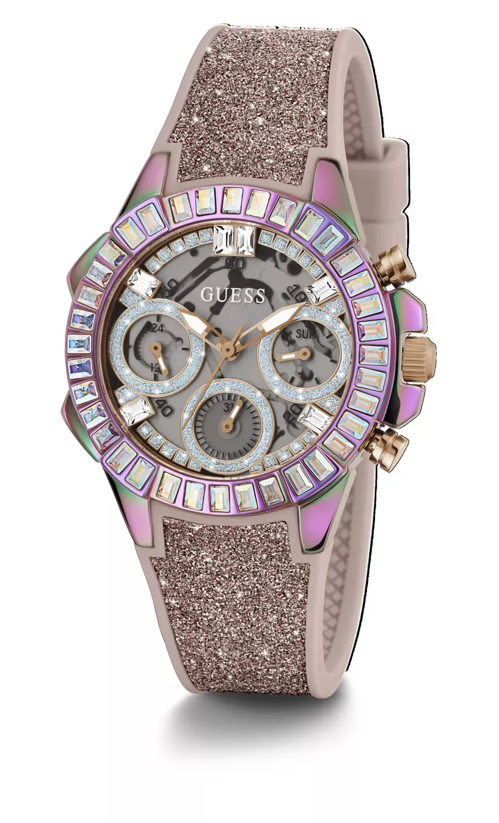 Guess Bombshell Ladies Semi-Transparent Dial Glitter Silicone Strap Watch