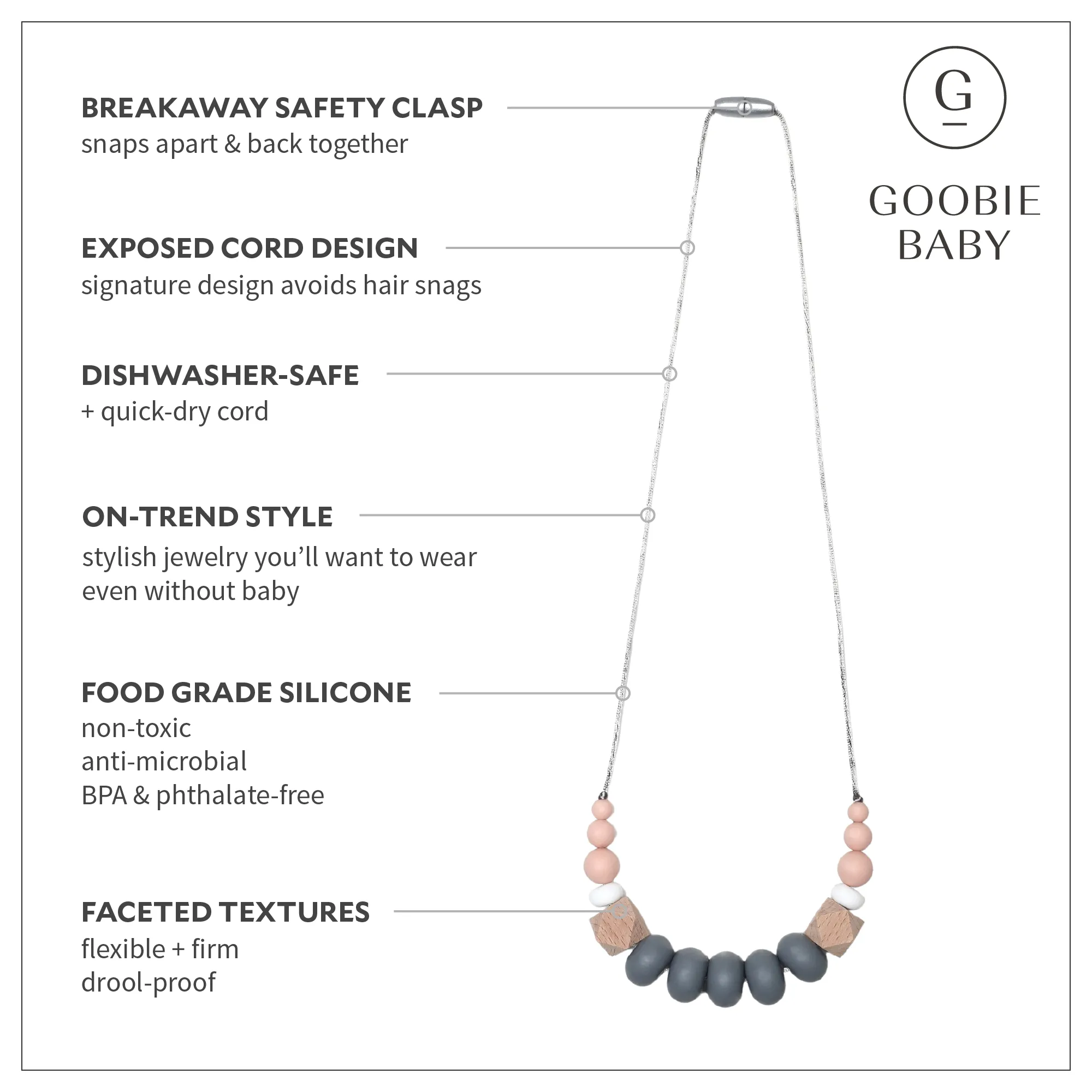 Harper Teething Necklace - Peach/Gray