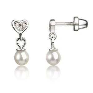 Heart w/ White Pearl Charm Earrings