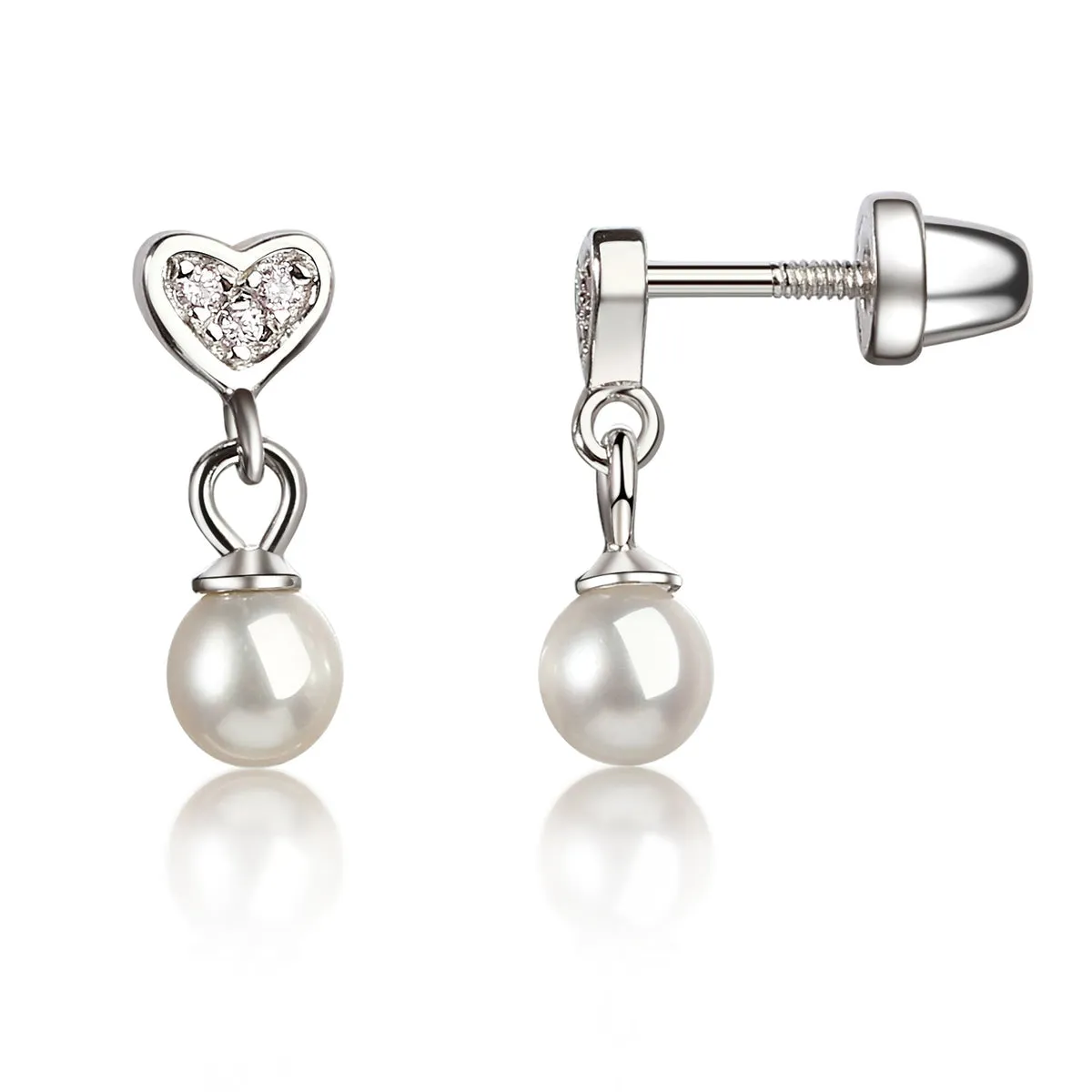 Heart w/ White Pearl Charm Earrings