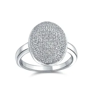 Holiday Party Silver Cocktail Statement Ring with Cubic Zirconia Oval Pave Dome