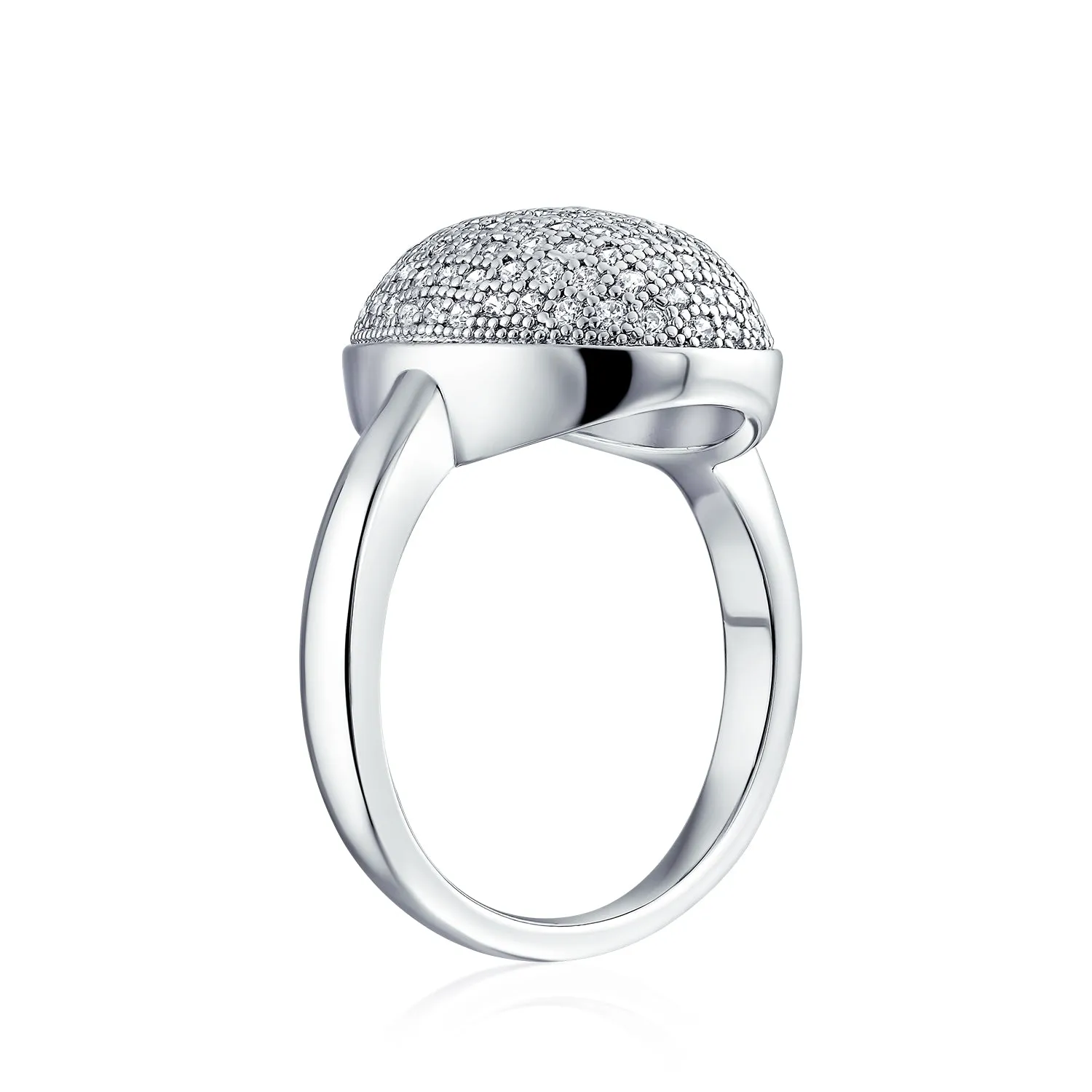 Holiday Party Silver Cocktail Statement Ring with Cubic Zirconia Oval Pave Dome