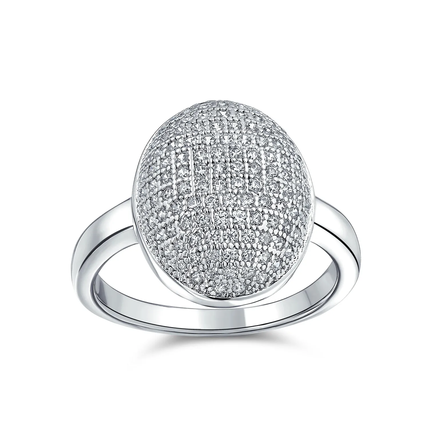 Holiday Party Silver Cocktail Statement Ring with Cubic Zirconia Oval Pave Dome