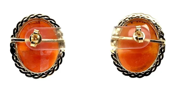 Italian Shell Cameo Yellow Gold Bezel Post Earrings