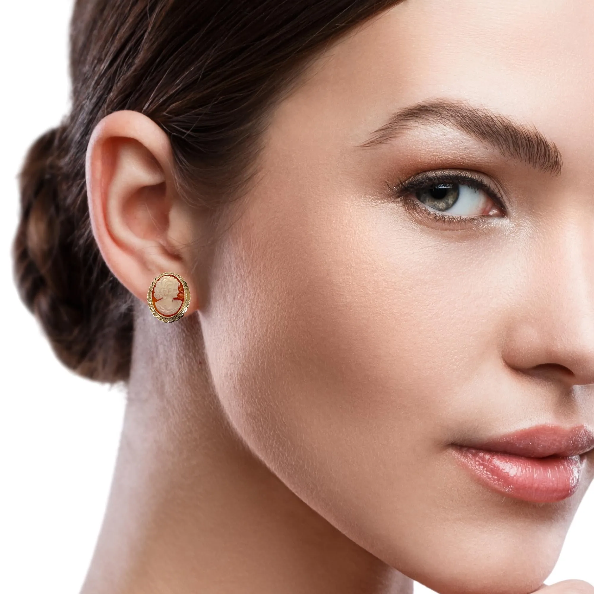 Italian Shell Cameo Yellow Gold Bezel Post Earrings
