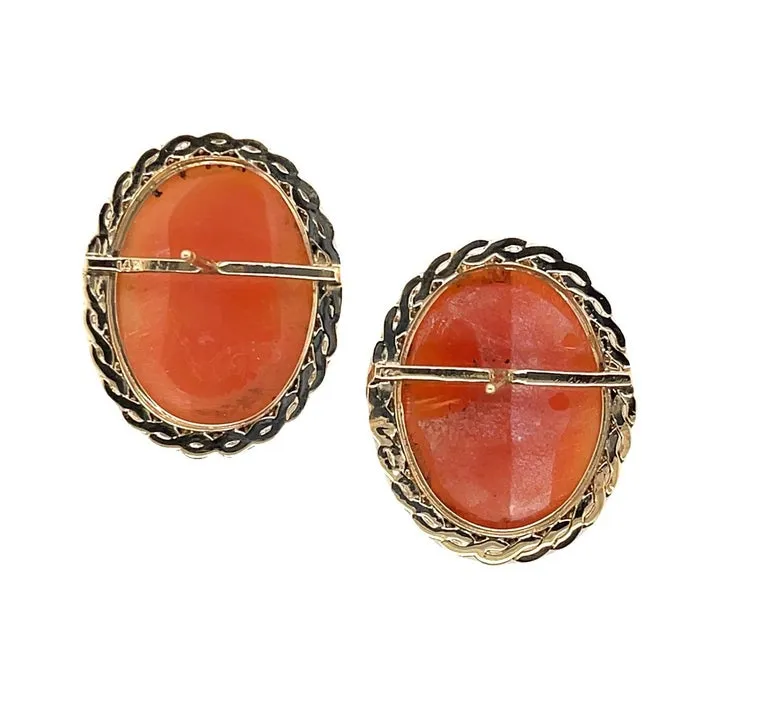 Italian Shell Cameo Yellow Gold Bezel Post Earrings