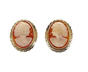 Italian Shell Cameo Yellow Gold Bezel Post Earrings