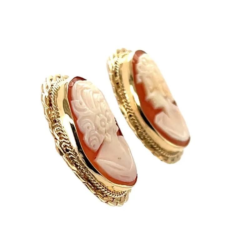 Italian Shell Cameo Yellow Gold Bezel Post Earrings
