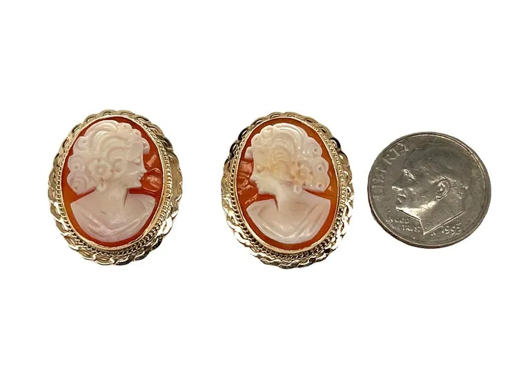 Italian Shell Cameo Yellow Gold Bezel Post Earrings