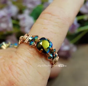 Jet AB, Vintage Swarovski Crystal Handmade Ring 14K Rose GF US Size 10