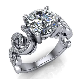Katie Round Center Stone Swirl Shank Micro Pave Diamond Accent Shoulder Ring